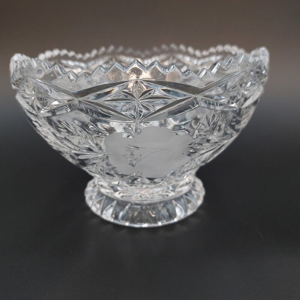 Vintage Cut Crystal Footed Bowl Frosted Roses Sawtooth Rim Candy Dish 6.5"